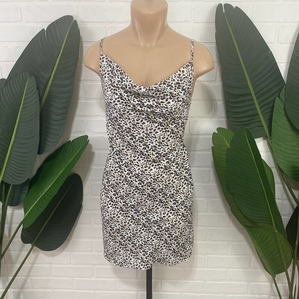 Revolve Blue Life leopard cowl neck slip dress with mini side slit